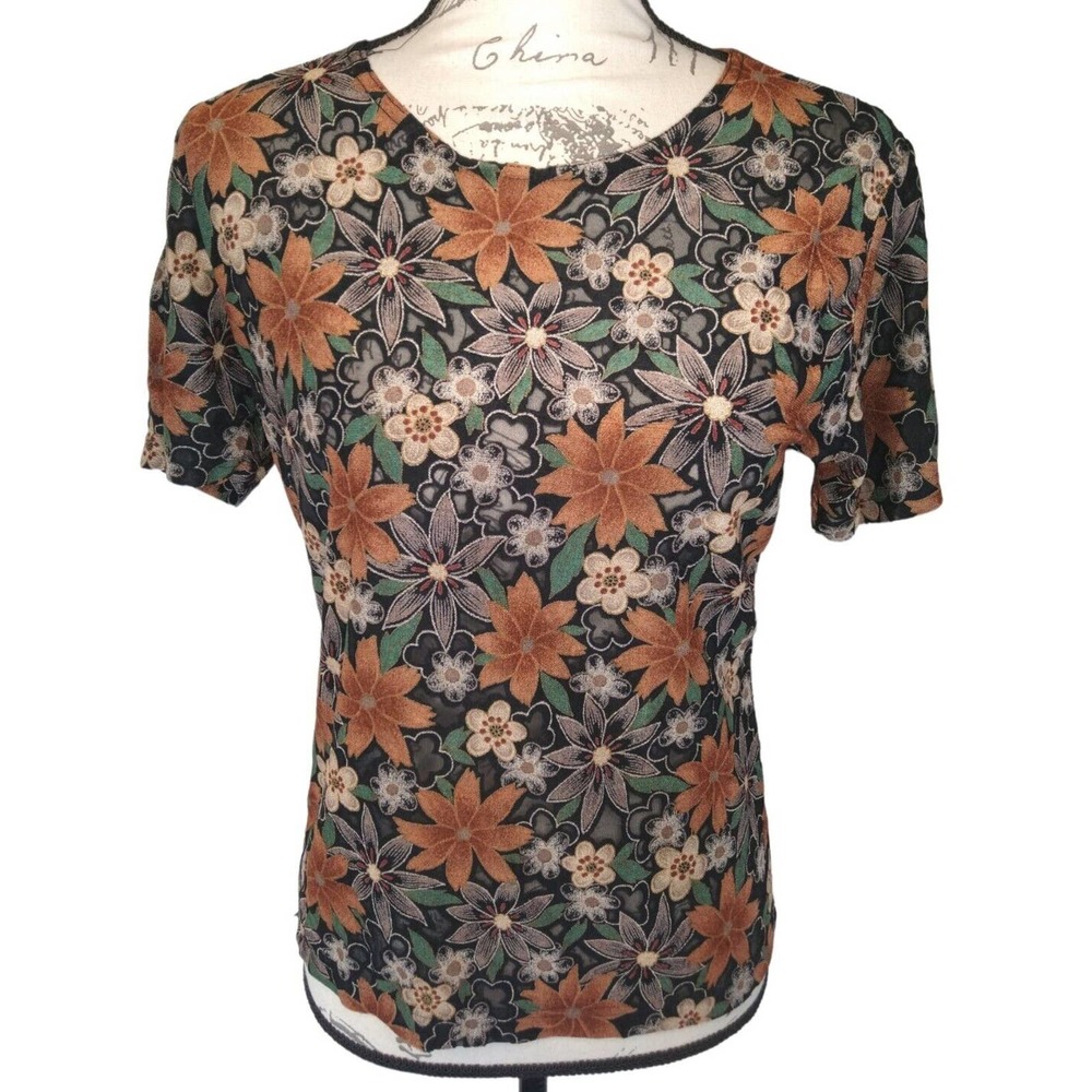 Vintage Sheer Frazier Lawrence Hippie Retro Flower Print Blouse Size M